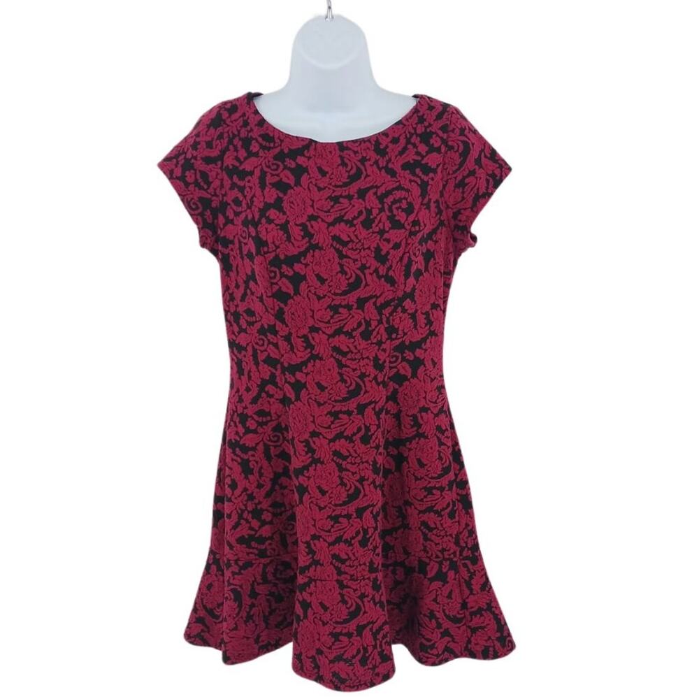 Lily Rose Red & Black Floral Damask Short Sleeve Mini Dress Sz Large